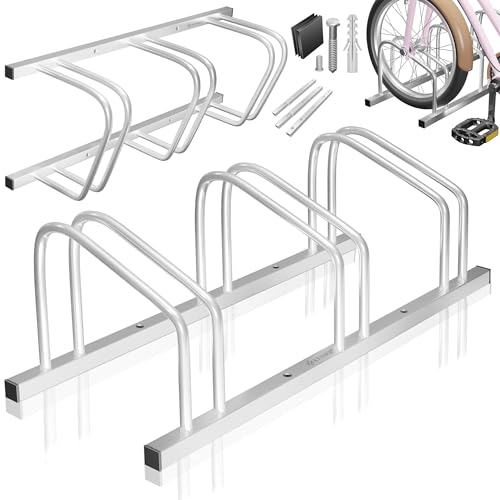 KESSER® Fahrradständer für 3 Fahrräder inkl. Parkschild | Mehrfachständer mit 37cm Radabstand für 30-65mm Reifenbreite | Fahrradhalter Aufstellständer für Boden- oder Wandmontage | Radständer Silber