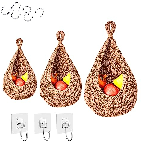 3 cesti sospesi per frutta da appendere alla parete: cesto portafrutta, cestino da appendere alla parete, 3 adesivi da parete + 3 ganci, corda di cotone a mano, cestino decorativo per la cucina