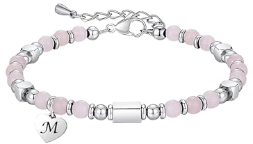 HAYOUWAY 4mm Rosenquarz Edelstein Armband Damen Mädchen mit Buchstaben Charm Heilsteine Armband, Naturstein Armbänder Geschenke für Frauen Mädchen Beste Freundin Geburtstag, Chakra Perlenarmband Damen