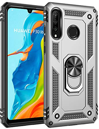 Kainevy Für Stoßfestes Huawei P30 Lite Hülle mit Metall Ständer, Extrem Robuste Handyhülle Huawei P30 Lite Schwarz Militärischer 360 Grad Hülle für Mädchen Jungen (Silber)