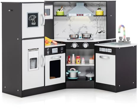 COSTWAY Kinderküche Holz, Spielküche mit Licht und Sound, Holzküche Eck mit Tafel, inkl. Zubehör, Spielzeugküche für Kinder ab 3 Jahren (Braun)