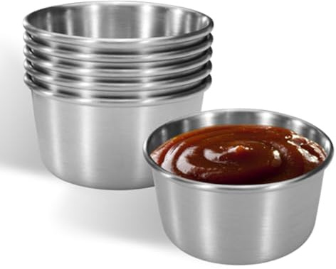 QuirkyLiving 6Pcs 2 Oz Stainless Steel Dipping Sauce Cup, Mini Dip Bowls, Reusable Metal Condiment Cups Ramekins Containers 4.5 X 3.3 X 5.8cm (Silver)