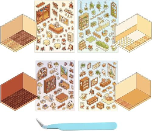 4 Sets DIY 3D House Stickers,Fun DIY Stickers Scene,Cute Cartoon Scene Stickers,DIY Stacking Scene Stickers,DIY Miniature Scene Sticker for Adult Kids (B Sets)