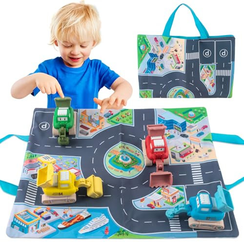 JWTRSVTY 4Pcs Auto Baufahrzeuge Kinderspielzeug, Baby Bagger Spielzeugauto, Pull Back Spiele Autos, Bagger Starten Spielzeugautos Mit Spielmatte, für 1-9 Jahre Jungen Mädchen Kinder Spielzeug Geschenk