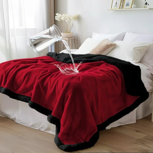 Bedding Aid wasserdichte Standard-Decke für Sofa und Bett – Beidseitiges Sherpa-Fleece, sauber und fleckenfrei, ideal für Liebe und Entspannung (Velvet Rot/Obsidian Schwarz, Kuscheldecke)