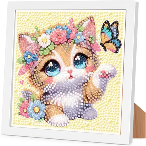 Arttoplus Diamond Painting Kinder Junge Mädchen mit Rahmen Katze,Tiere Diamond Painting Kinder ab 4 5 6 8 10 Jahre,Katze 5D Diamant Painting Bilder zur Geschenk und Heimdekoration (15x15 cm)