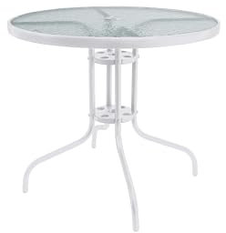 HERSIG - Mesa de Jardin Redonda de Acero y Vidrio Templado - Mesa Exterior Color Blanco 80x70 CM - Mesas de Terraza y Jardín Redondas Resistentes - Mesas para Verano Exterior con Cristal Texturizado