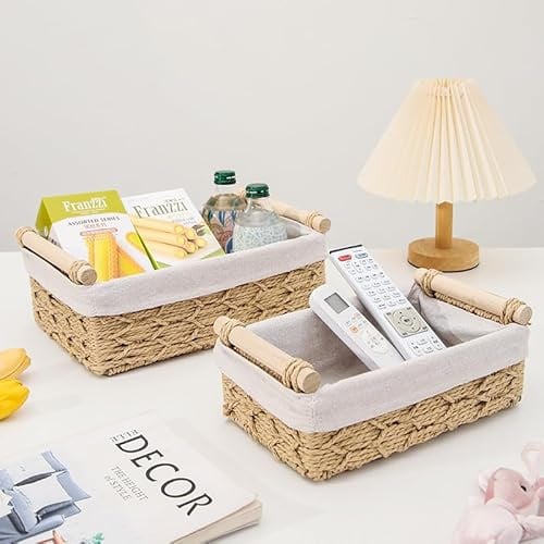 2 Pack Storage Baskets, Storage baskets for Shelves, Storage Box Organiser, Wicker Hamper Basket, Woven Storage Baskets, Bathroom Storage Organiser (Beige)