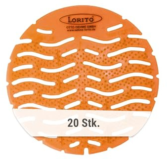 Lorito Urinalsieb mit Duft Mango - 20 x Urinaleinlagen als Spritzschutz & Geruchsneutralisierer, Für langanhaltende Frische im WC und Pissoir, Hergestellt aus recycelten Materialien