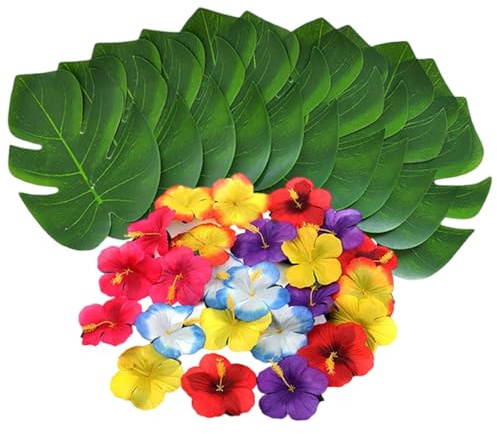 LoNinLoAn Hawaii Party Dekoration Set, 54 Stück Tropical Party Decorations, Tropische Party Dekoration Set, Hawaii Party Deko für Strand-Mottopartys, Gastgeschenke, 30 Grünes Blatt+24 Florid