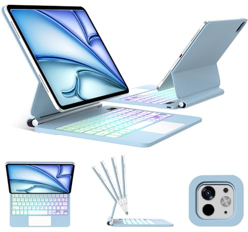 FOGARI Magic Clavier pour iPad Air 13'' (M4,M3,M2)/ Pro 12.9(6e, 5e, 4e, 3e Gén), Étui Trackpad Clavier AZERTY Français Rétroéclairage pour iPad Air 13 (2026/2025,2024)/ Pro 12.9 (2022-2018), Blue