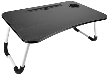 Crynvor Betttablett, tragbarer Schreibtisch mit Schublade, Klapptisch für Laptop, Laptop-Tisch mit Getränkehalter, Frühstückstisch für Schlafzimmer (59,5 x 39,5 x 26 cm, Schwarz)
