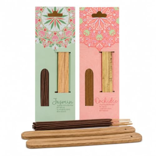 MIJOMA Lot de 2 bâtons d'encens - 62 pièces avec support en bois - 2 parfums jasmin et orchidée - 30 bâtonnets d'encens d'environ 20 cm chacun + 2 supports en bois - Bâtonnets parfumés pour méditation