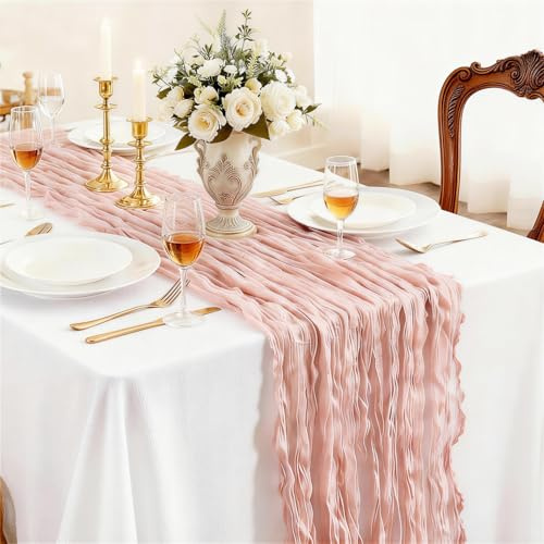 Otauoaea Chemin de Table Rose Clair en étamine 50 x 300 cm - Gaze de Coton Rustique Table Runner pour Décoration de Mariage, Fêtes et Anniversaires - 1 Pièce