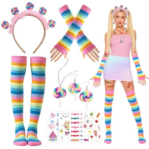 GTJEOI Lollipop Kostüm, Candy Kostüm Damen Set mit Lollipop Haarreif Haarschmuck, Ohrringe, Halskette, Candy Tattoos, Handschuhe und Overknees, Süßigkeitenkostüm, Candy Kostü-m Cosplay für Karneval