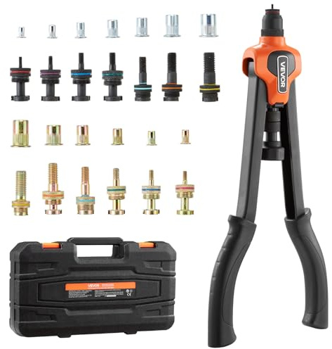 VEVOR Riveteuse Manuelle 42 cm, Kit d'Outils à Riveter Complet, pour Bricoleur Installation et Réparation Maison, Pince à Écrous à Sertir avec 13 Mandrins Métriques et SAE, 130 Écrous, avec Mallette