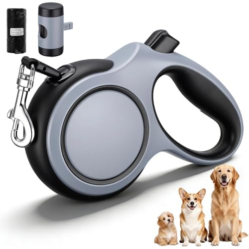 8m Retractable Dog Lead for Medium & Large Dogs Up to 50kg (Grey/Black) | Extendable dog Leash with 360° Tangle-Free,Strong Nylon Tape Leash,One-Click Brake & Lock,Slip Grip,Removable Poo Bag Holder