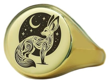 Runder Fuchs und Mond Ring | 925 Sterling Silber vergoldet | Geschenkschmuck, Siegelring, Vintage Stil, handgemachter hypoallergener Schmuck | WW_PDR_01258, 16mm, 925 Sterling Silber, Keine Edelsteine