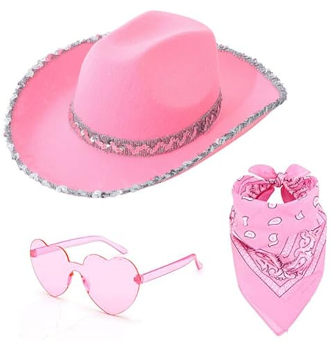 DaPongZhi Rosa Cowboy Hut Damen Set Western Filzhut Mit Federtrimm Herz Brille Und Rosa Bandana Accessoires Cowgirlkostüm Pinker Cowboyhut Für Karneval Cosplay Party Halloween