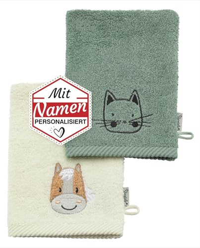 Sterntaler Waschhandschuh mit Namen personalisiert, Bauernhof Pferd & Katze, Bestickt, 2er Pack Waschlappen aus 100% Baumwolle, Maschinenwäsche, Modern, Tier-Design