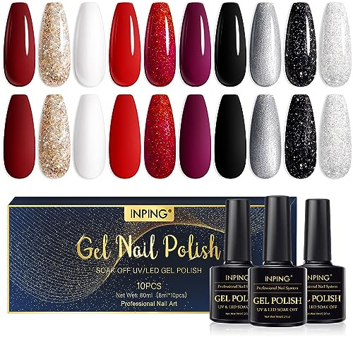 INPING Gel Nail Polish, Red Black 10 Colors UV LED Nail Varnish 8ML | Spring Summer Fall Winter Polish for Women Nail Art Manicure Salon Easy To Apply Christmas Halloween