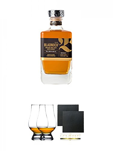 Bladnoch SAMSARA 46,7% 0,7 Liter + The Glencairn Glass Whisky Glas Stölzle 2 Stück + Schiefer Glasuntersetzer eckig ca. 9,5 cm Ø 2 Stück