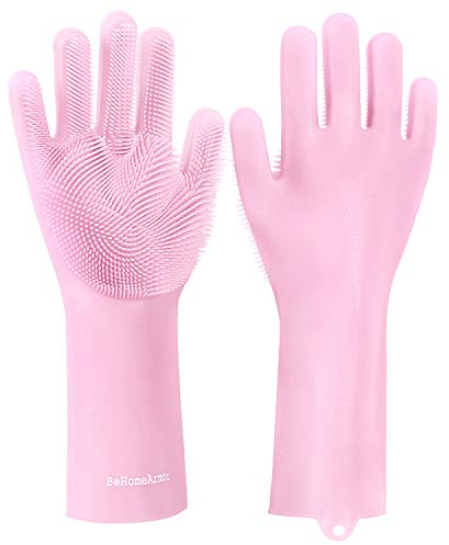 BeHomeArmor Magic Washing Up Gloves, Reusable Silicone Household Cleaning Gloves for Kitchen, Bathroom Cleaning and Pet Hair Care, Latex and BPA Free (1 Pair) (Pink)