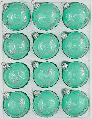 12 TLG. Glas-Weihnachtskugeln Set in Hochglanz Modern Mint Silberne Ornamente - Edle Neuheit - Christbaumkugeln - Weihnachtsschmuck-Christbaumschmuck