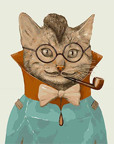 WOWDECOR DIY Malen nach Zahlen für Erwachsene Kinder Mädchen, Cat Gläser Pfeife Gentleman 40x50cm Vorgedruckt Leinwand-Ölgemälde (mit Rahmen)