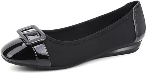 Greatonu Women's Flats Square Toe Ballet Buckle Soft Walking Slip-on Dress Shoes Black Size 5