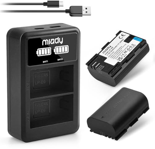 Miady 2-Pack LP-E6/LP-E6N Battery and Dual LCD Battery Charger Set - Compatible with EOS 5D Mark II, 5D Mark IV, 6D, 7D, 60D, 70D, 80D, 2350mAh/7.4V