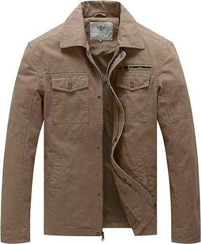 WenVen Giacca Leggera Mezza Stagione Giacca Stile Militare Giacca Casual in Cotone Giubbotto Classico Cargo Uomo Cachi S