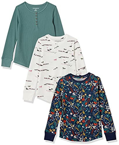 Amazon Essentials Girls' Long-Sleeved Knitted Thermal T-Shirt, Pack of 3, Bottle Green/Navy Floral/White Horses, 2 Years