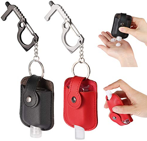 Ezindraw Handdesinfektionsmittel, Reisegröße, Sprühkoffer, hochwertiges PU-Leder, Händedesinfektionsmittel, Schlüsselanhänger mit Türöffner, Spray oder Drücken, nachfüllbar, rot, schwarz, leer, 2