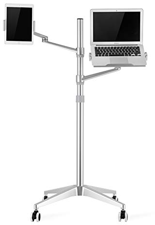 Thingy Club New Mobile RollingTablet and Laptop Mount 2-in-1 Height Adjustable Dual Arm Floor Holder for Tablet Arm 4-13'' Tablet & Phone, Extra Tray Fits 12 to 17 inch Laptops (Silver)