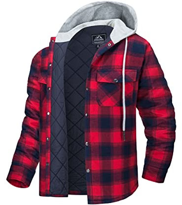 MAGCOMSEN Herren Thermohemd Warme Kariertes Frühling Shirt Hoodie Gesteppt Plaid Hemd Abnehmbar Kapuze Flanellhemd Herren Winter Fleece Hemdjacke mit Große Taschen Rot Dunkelblau XXL