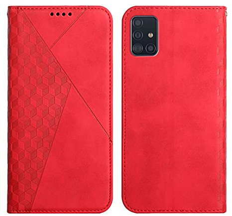 KOUYI Kompatible mit Samsung Galaxy A51 Hülle, Retro Premium PU Leder Weich TPU Klapphülle Kartenfächer Magnetic Standfunktion Flip Wallet Shockproof Handyhülle (Rot)