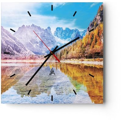 Modern Wanduhr Herbst Landschaft Berge 40x40cm Quadrat Groß Wand Uhr Glas Analog Zimmeruhren Küche Büro Wohnzimmer Glasuhr Wall Clock Dekoration Design Wanddekoration Küchenuhr C3AC40x40-4624