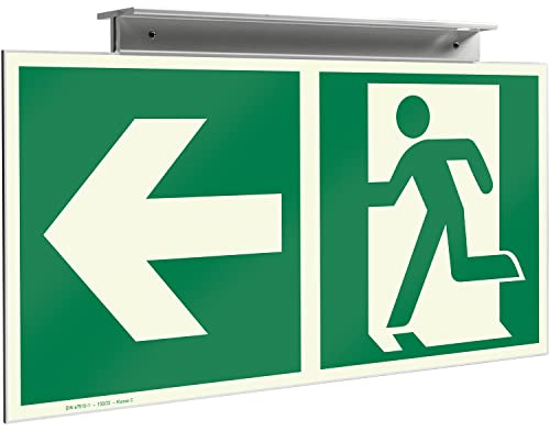 Betriebsausstattung24 Zweifache Fluchtwegkennzeichnung für gegenläufige Fluchtwege - links gegenüberliegend - Aluverbundplatte, nachleuchtend - 30,0 x 15,0 cm - Deckenmontage
