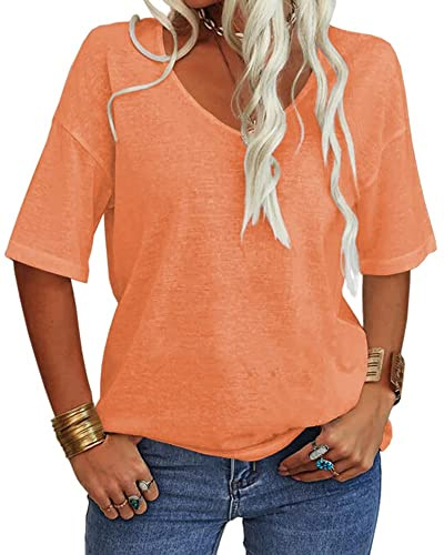 Tankaneo Women V Neck Short Sleeve T Shirt Casual Loose Basic Summer Tops Half Sleeve Oversized Tunic Tee Orange