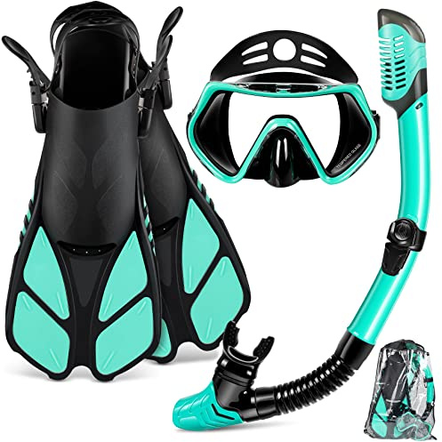 ZEEPORTE Maskenflossen-Schnorchel-Set, Reisegröße, Schnorchelausrüstung für Erwachsene mit Panoramablick, Anti-Beschlag-Maske, Trek Flossen, Dry Top Schnorchel und Ausrüstungstasche für