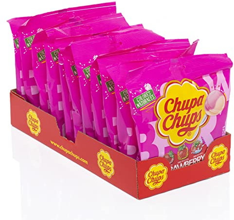 Chupa Chups Strawberry Love Caramelo con Palo, de Sabores Variados, 7 bolsas de 10 unidades