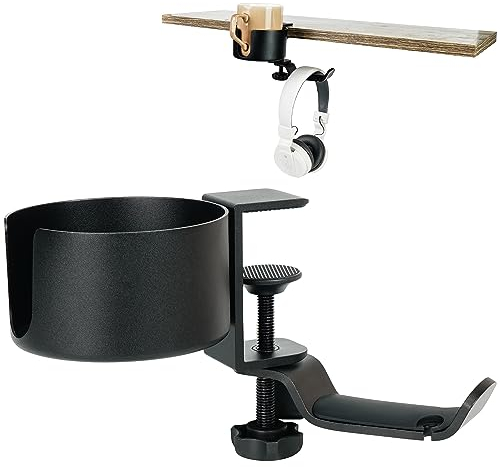 BELLE VOUS Porte Casque Gamer & Porte Gobelet Bureau 2-en-1 - Support Bureau Polyvalent Pivotant à 360 Degrés - Porte Gobelet Anti-Renversement pour Ordinateur ou Gaming