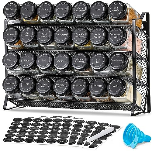 AOZITA Spice Rack Organizer for Cabinet, Spice Organizer with 28 Empty Spice Jars with Black Lids, Funnel, Spice Labels, Seasoning Organizer for Countertop, Cabinet, Kitchen, Pantry, Cupboard