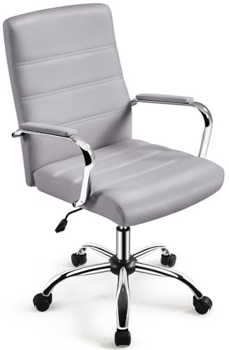 Yaheetech Silla Giratoria de Oficina Sillón de Trabajo con Respaldo Tapizado Asiento Cuero Sintético Altura Ajustable Color Gris