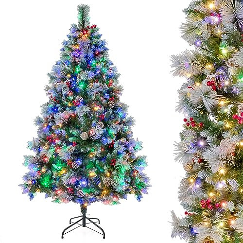 RELAX4LIFE Künstlicher Weihnachtsbaum 180 cm Tannenbaum mit 350 warmweißen & vierfarbigen LED-Leuchten, 8 Transformationsmodi, Christbaum mit echten Tannenzapfen & roten Beeren