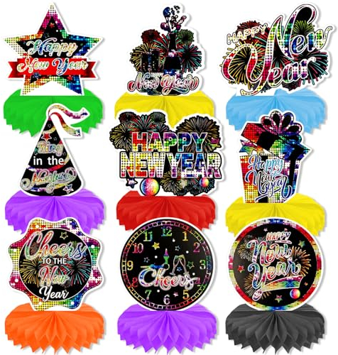 HOWAF 9 Stück Neujahr Bienenwabe Deko Silvester Deko 2026, Farbig Papier Silvester Party Honigwabe Mittelstücke Bienenwaben für Silvesterdeko Happy New Year Deko 2026 Deko Silvester Party 2026