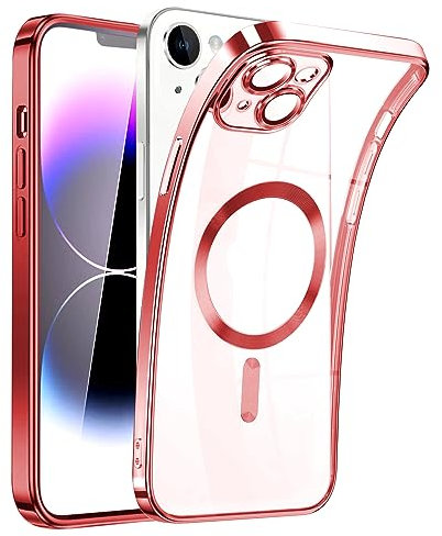 SEOUGEE Magnetic Clear for iPhone 13 Case with MagSafe [Non-Yellowing] [Integrated Camera Cover] Shockproof Silicone Cover [Anti-Fingerprint Scratch] Wireless Charging (Red)