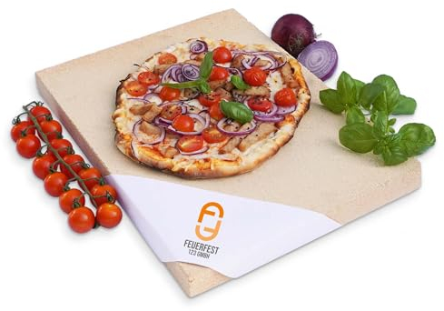Feuerfest 123 Pizzastein eckig I 40x30x2cm I Lebensmittelechter Backstein aus Schamotte I Hochwertiger Pizza-Stein für Grill & Backofen I Ideal für Pizza, Brot & Flammkuchen