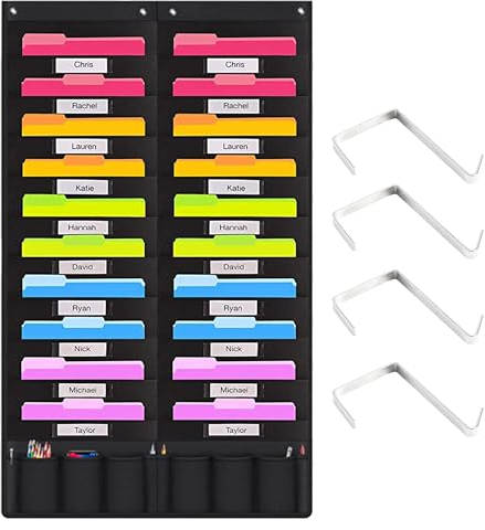 TNBRUA Tableau de Rangement avec 20 Poches, Porte Revue A4 Présentoir, Pliable en Plastique Oxford Magazines Poches de Rangement, 4 Crochets de Porte en Métal Inclus, pour Bureau, Scolaire